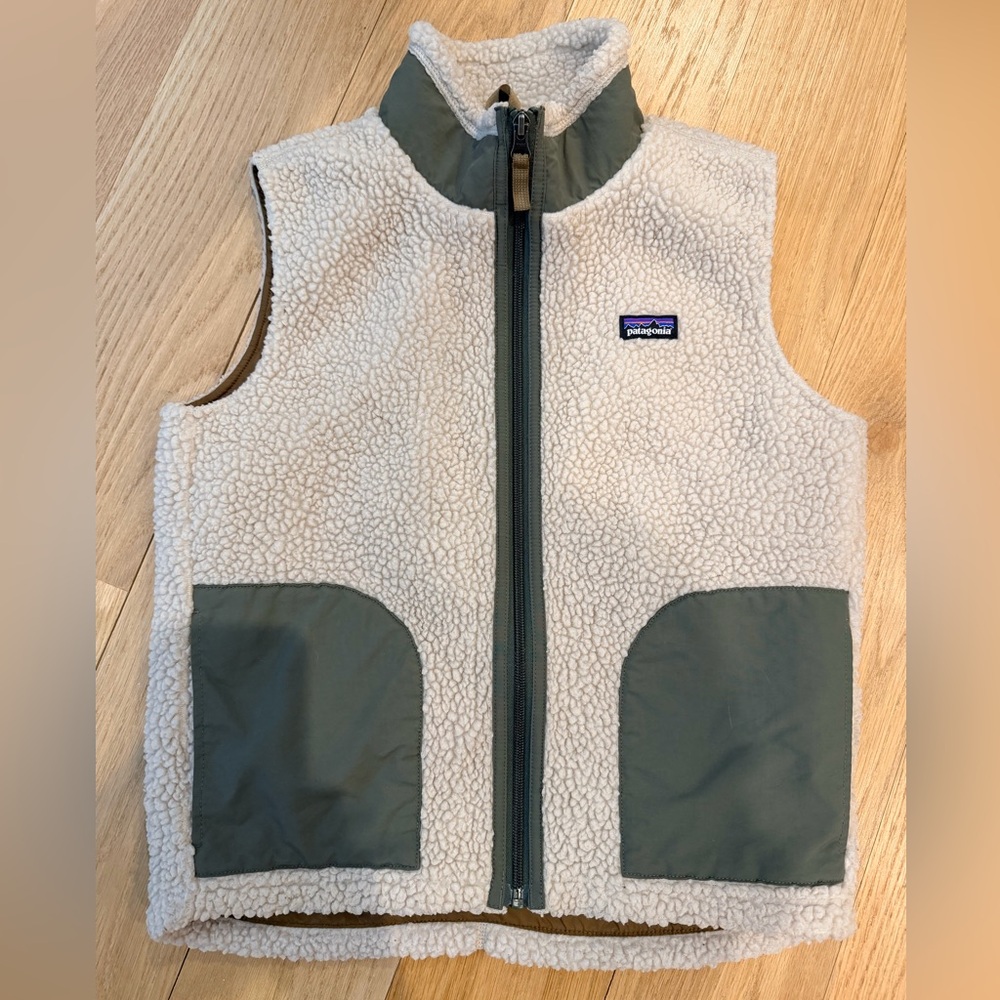 Patagonia Kids' Cream and Green Fleece Vest Kids Sz‎ L EC NW